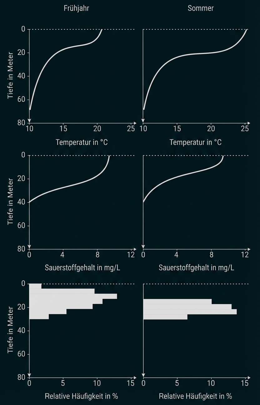 Mehrere Diagramme: Temperatur- und Sauerstoffverläufe sowie relative Häufigkeitsbalken nach Tiefe für Frühjahr und Sommer.